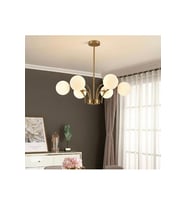 Mat Altın Gold Kaplama Altılı 6 Kollu Modern Salon Avizesi Mat Opal Beyaz Küre Cam E27 Duy Metal Gövde Luxury Dekoratif Yemek Odası Oturma Odası Tavan Aydınlatması