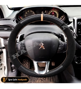 Peugeot 208 Dikme Direksiyon Kılıfı Alcantara Süet Mat Karbon Bej Yüzük ve Dikiş Active-Allure-F1 Vitesli Tipler 2015-2019