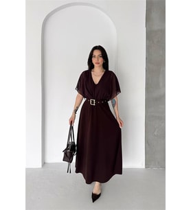 Neşeli butik kadın kahverengi şifon kol detaylı V yaka kemerli midi boy elbise ----NBK085