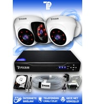 PICAM 3 Kameralı Kare 2 İç Kamera Set 1 TB HDD Full HD Gece Görüşlü Güvenlik Kamerası Sistemi