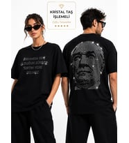 Mustafa Kemal Atatürk Kristal Taş İşlemeli Oversize Tişört - Özel Tasarım Unisex Siyah T-Shirt