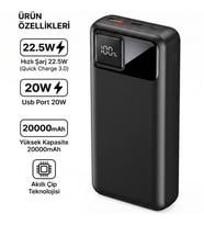 Taşınabilir Hızlı Şarj Powerbank 20000mAh 22.5W Akıllı Çip Dijital Ekran Telefon Şarj Bataryası