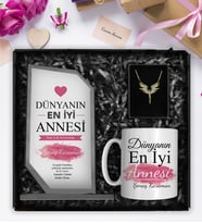Anneler Gününe Özel Kişiye Özel Kristal Cam Plaket & Tasarım Kupa & Mikail Melek Kolye Hediye Seti