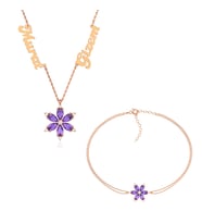 İsimli Kişiye Özel Ametist Taşlı Lotus Çiçeği Gümüş Set