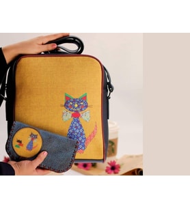 Fare Kedi Figürlü Büyük Postacı Kol Çantası Etnik Bohem Style Çanta Cüzdan Çanta Siyah, Cüzdan Petrol Kombin