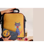 Fare Kedi Figürlü Büyük Postacı Kol Çantası Etnik Bohem Style Çanta Cüzdan Çanta Siyah, Cüzdan Petrol Kombin