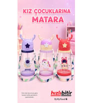 ByMyHand Kız Çocuk Karışık FigürlüTaşıma Kulplu Kilit Kapaklı Pipetli Suluk Okul Matarası 600 Ml 1 A