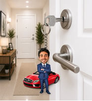 Kişiye Özel İş Adamı ve Lüks Araç Karikatürlü Anahtarlık – Fotoğraflı Prestij Temalı Mini Karakter