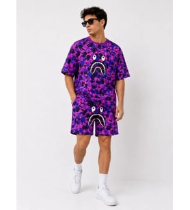 Erkek Oversize Kalıp Pubg Bape X Shark Nakışlı Cepli Şort Takım - Mor
