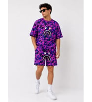 Erkek Oversize Kalıp Pubg Bape X Shark Nakışlı Cepli Şort Takım - Mor