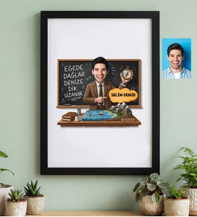 Kişiye Özel Karikatürlü Erkek Öğretmen Siyah Çerçeve Öğretmenler Günü Hediyesi