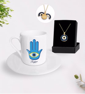 BK Gift Kişiye Özel Nazar Temalı Türk Kahvesi Fincanı ve Açılan Nazar Kolye Hediye Seti-3 (Model 1)