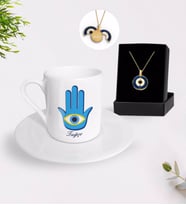 BK Gift Kişiye Özel Nazar Temalı Türk Kahvesi Fincanı ve Açılan Nazar Kolye Hediye Seti-3 (Model 1)