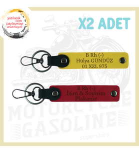 Kırmızı-Sarı, Motor Severlere, İsim Plaka ve B Rh (-) Yazılı Özel Tasarım Hediye 2'li Anahtarlık Set