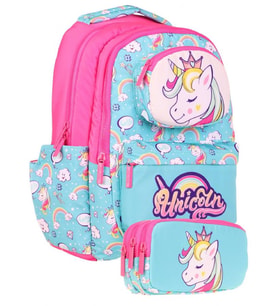 Kaukko Kids Toys Kız Çocuk Turkuaz Pembe 3D Unicorn Şekilli İlkokul Çantası ve Kalemlik Seti (L5155+L8155)