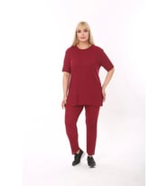Kadın Kısa Kollu Beli Lastikli Yırtmaçlı Rahat Kalıp İkili Pijama Takım (Bordo)
