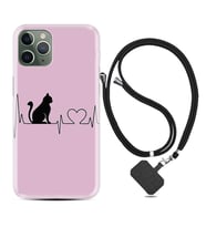 Apple iPhone 11 12 13 14 Pro Max Kılıf Boyun Askılı Silikon Pink Cat Heart 1303