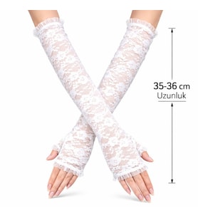 Uzun Zarif Dantel Eldiven Parmaksız Beyaz 35 cm