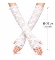 Uzun Zarif Dantel Eldiven Parmaksız Beyaz 35 cm