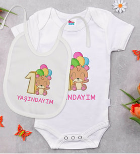 BK Kids 1 Yaşındayım Tasarımlı Beyaz Bebek Body Zıbın ve Mama Önlüğü Hediye Seti-1