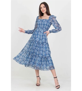 Neşeli butik kadın indigo gipeli kare yaka desenli şifon elbise NB100361