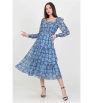 Neşeli butik kadın indigo gipeli kare yaka desenli şifon elbise NB100361