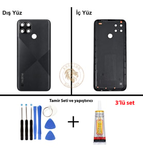 Oppo KAPAK Vida Seti + Yapıştırıcı Realme C21Y Siyah Yapıştırıcı B-7000 Yapıştırıcı Vida Seti Arka Kapak Arka Cam Batarya Kapağı Lazer Kesim Kapak Pil Kapağı Back Cover