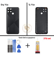 Oppo KAPAK Vida Seti + Yapıştırıcı Realme C21Y Siyah Yapıştırıcı B-7000 Yapıştırıcı Vida Seti Arka Kapak Arka Cam Batarya Kapağı Lazer Kesim Kapak Pil Kapağı Back Cover