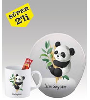 Kişiye Özel Mouse Pad ve Kupa Bardak Seti Sevimli Panda Desenli