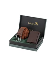 Polo Air Esnek Örgü Kemer Mıknatıslı Cüzdan Erkek Kombin Set Kahverengi Renk M-05-K (Taba - Kahverengi)