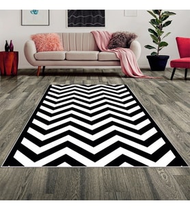 Zigzag Desenli Siyah Beyaz Dijital Baskı Yıkanabilir Kaymaz Taban Modern Salon Halısı