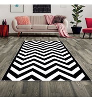 Zigzag Desenli Siyah Beyaz Dijital Baskı Yıkanabilir Kaymaz Taban Modern Salon Halısı
