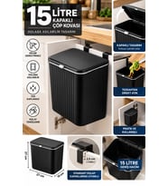 15 Litre Dolaba Asılabilir Kapaklı Çöp Kovası Siyah Mutfak İçi Askılı Pratik Atık Kovası 27x27x19
