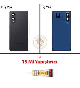 Samsung Galaxy S25 Edge Siyah Renk Lensli Arka Kapak + B7000 Yapıştırıcı Arka Cam Batarya Kapağı Pil Kapağı Lazer Kesim Back Cover Galaxy S25 Edge Uyumlu
