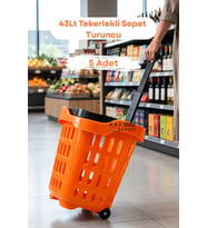 5 Adet - 43 LT Tekerlekli Market Sepeti Plastik Alışveriş Sepeti Ergonomik Çift Saplı Turuncu