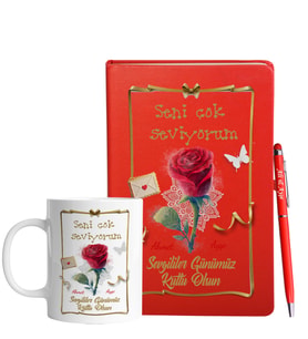 Sevgililer Gününe Özel Kırmızı Defter Kalem & Kupa Hediye Seti 16