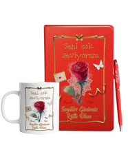 Sevgililer Gününe Özel Kırmızı Defter Kalem & Kupa Hediye Seti 16