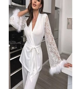 Lüks İpeksi Saten Dantelli Ortiş Tüylü Kadın Pijama Takımı 2 Parça W2012