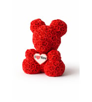 Kırmızı Gül Desenli Teddy Ayıcık – I Love You Kalpli Romantik Dekoratif Ayı, Sevgiliye Özel Hediye