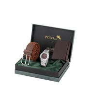 Polo Air Takvimli Erkek Kol Saati Esnek Kemer Mıknatıslı Cüzdan Kahverengi Set Gümüş Bordo Renk PL-7066E4 (Bordo - Gümüş)