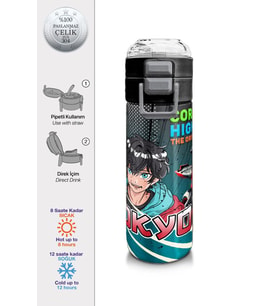 Coral High 500 ml Gri Nefti Anime Motorsiklet Desenli  - Erkek Çocuk Paslanmaz Çelik Okul Termosu/Suluk/Matara