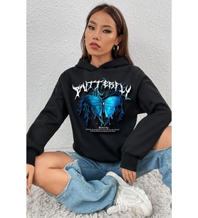 Unisex Blue Butterfly Baskılı Sweatshirt (Siyah)