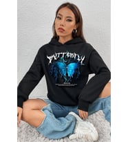 Unisex Blue Butterfly Baskılı Sweatshirt (Siyah)