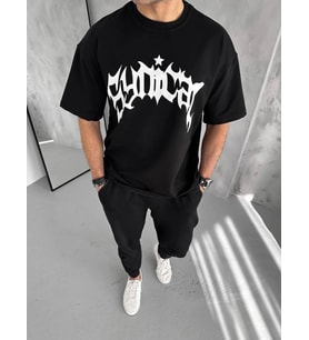Erkek Tişört Bisiklet Yaka Baskılı Oversize Kısa kol T-Shirt - Siyah