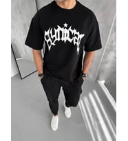 Erkek Tişört Bisiklet Yaka Baskılı Oversize Kısa kol T-Shirt - Siyah