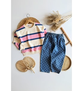 Çizgili Sweat & Damalı Kot Pantolon Owersize Unisex Çocuk 2’li Takım - Pembe