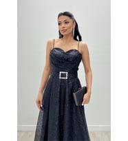 Simli Tül Kumaş Askılı Midi Elbise - SİYAH