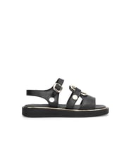 Mammamia D26ys-5290 Kadın Hakiki Deri Tokalı Düz Taban Comfort Sandalet (Siyah)