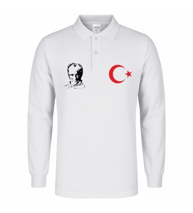 ATATÜRK-AY YILDIZ BASKILI POLO YAKA UZUN KOL TİŞÖRT (Beyaz)