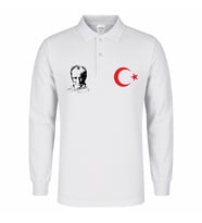 ATATÜRK-AY YILDIZ BASKILI POLO YAKA UZUN KOL TİŞÖRT (Beyaz)